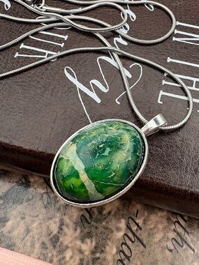 Green Agate Jasper Pendant Necklace Stainless Steel Oval Stone